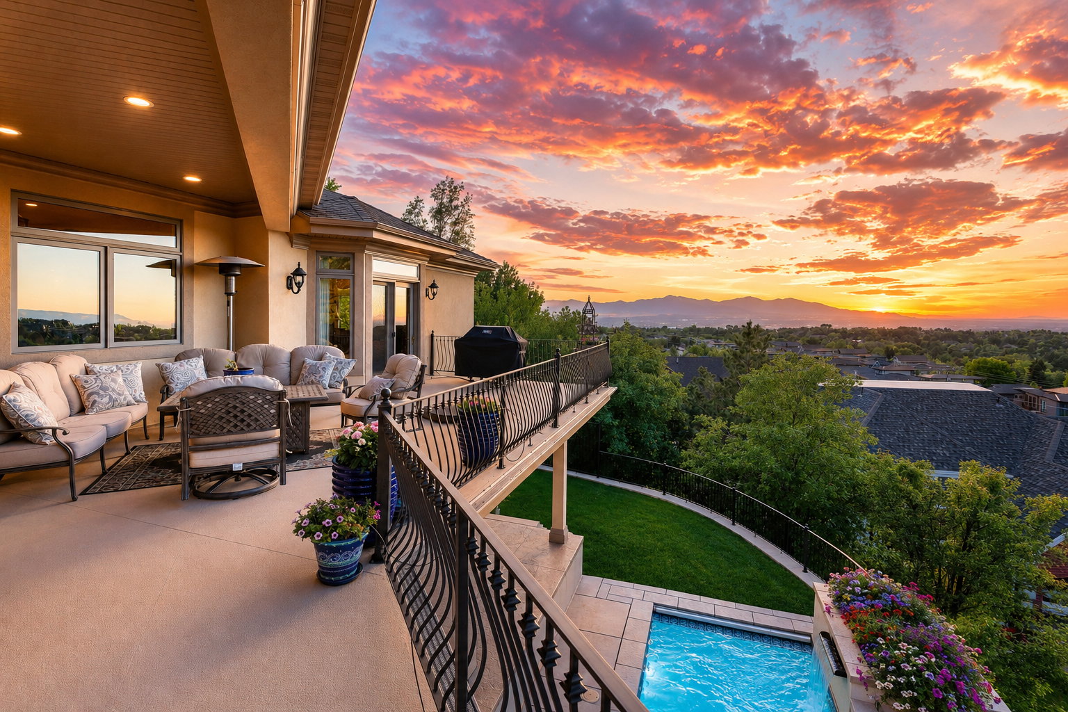 Expansive upper-level patio with a covered seating area
