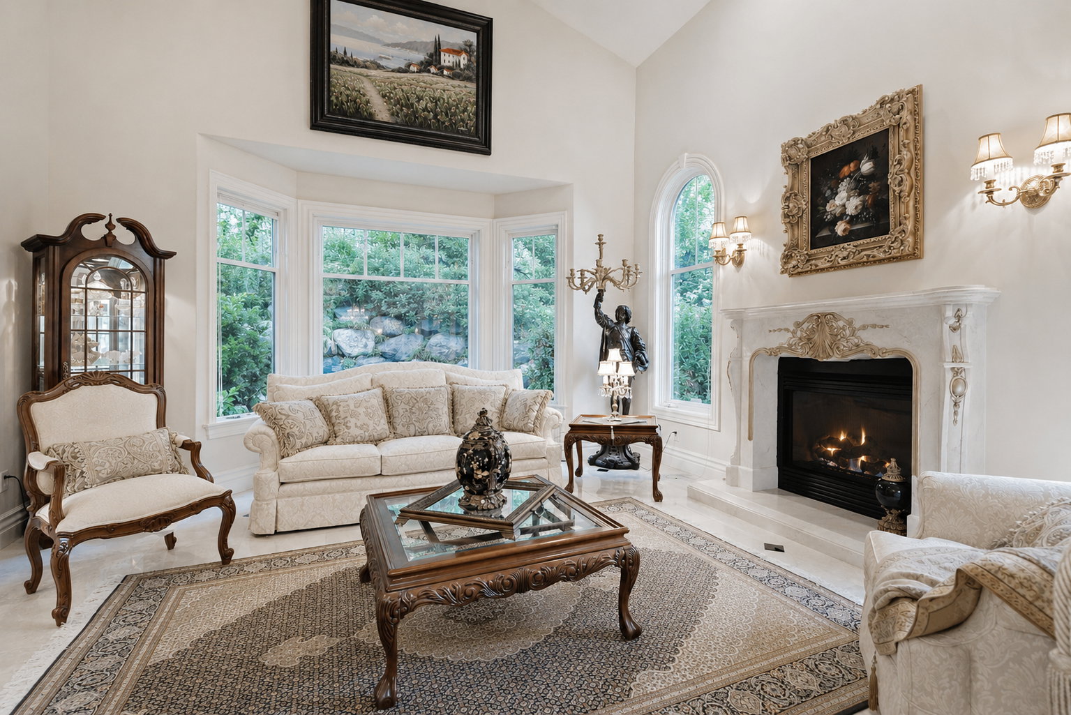 Grand living space featuring a highly detailed fireplace with a mantel, ornate wall sconces, large bay windows, and an arched window