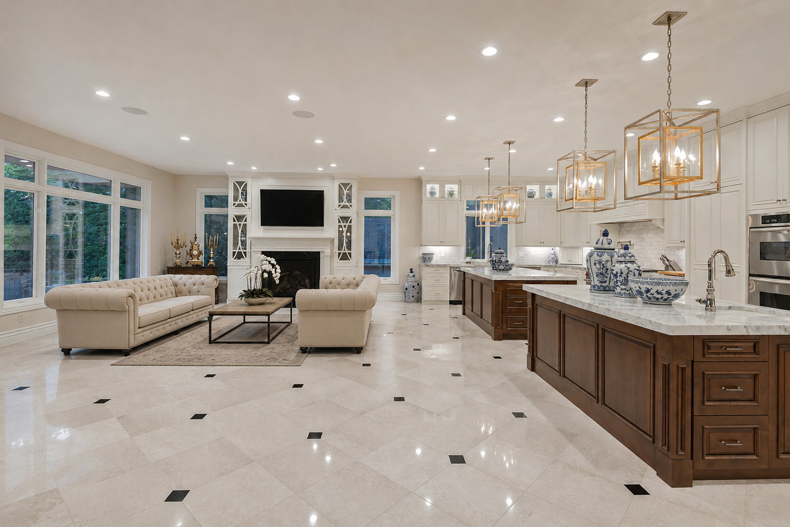 Expansive open-concept living space featuring light-toned tile flooring with dark accent squares, a fireplace with a white mantel and built-in shelving, large windows, two kitchen islands with dark wood cabinetry and light countertops, and multiple pendan