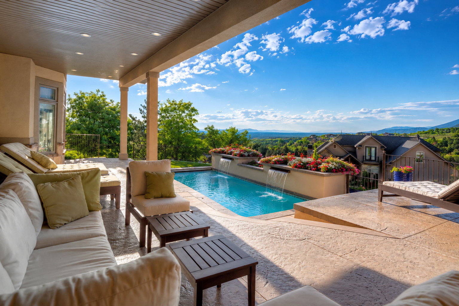 Covered patio with recessed lighting, an integrated swimming pool with waterfalls, and a stamped concrete deck