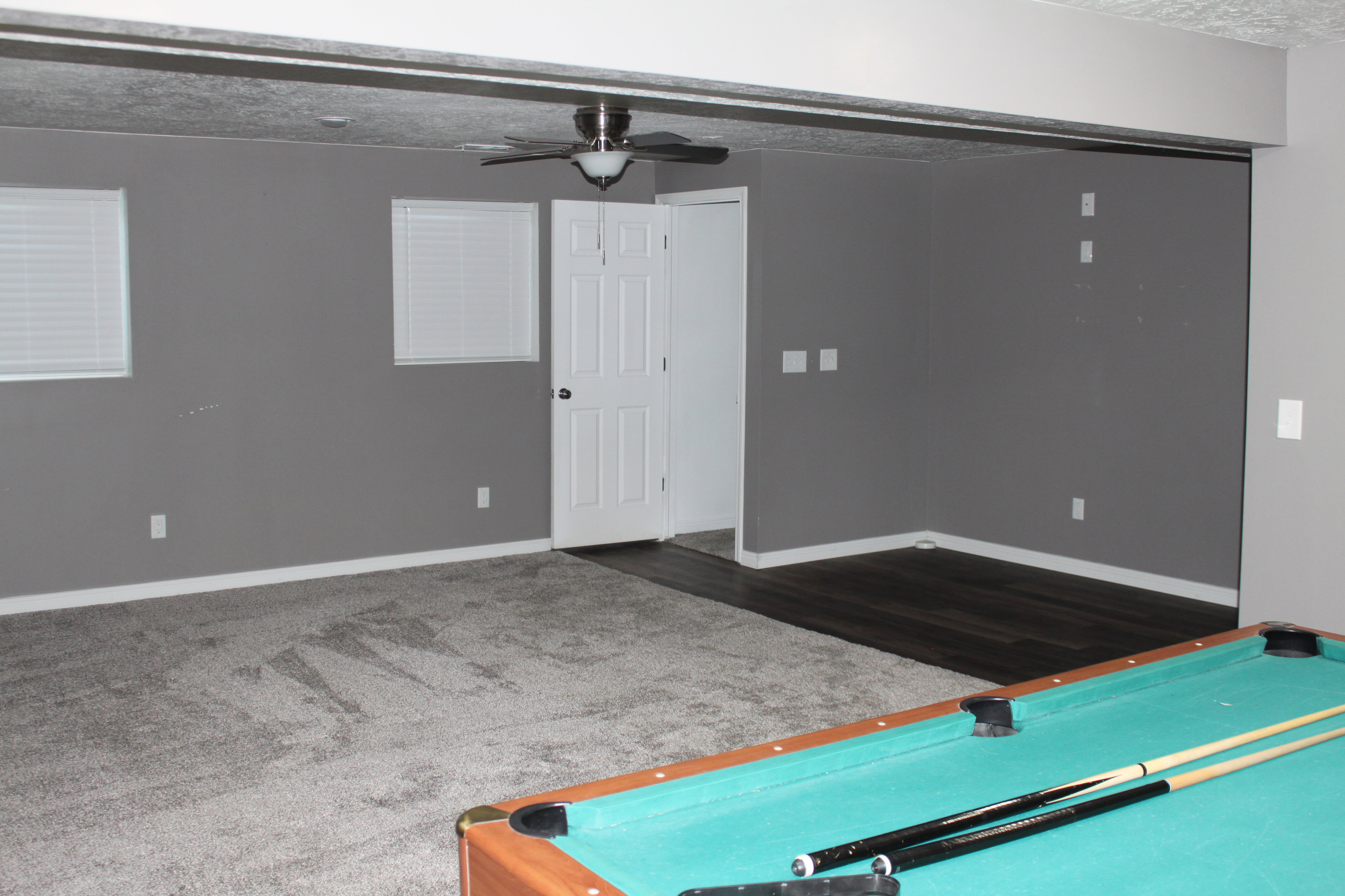 Spacious room featuring a mix of grey carpeting and dark wood-finish flooring