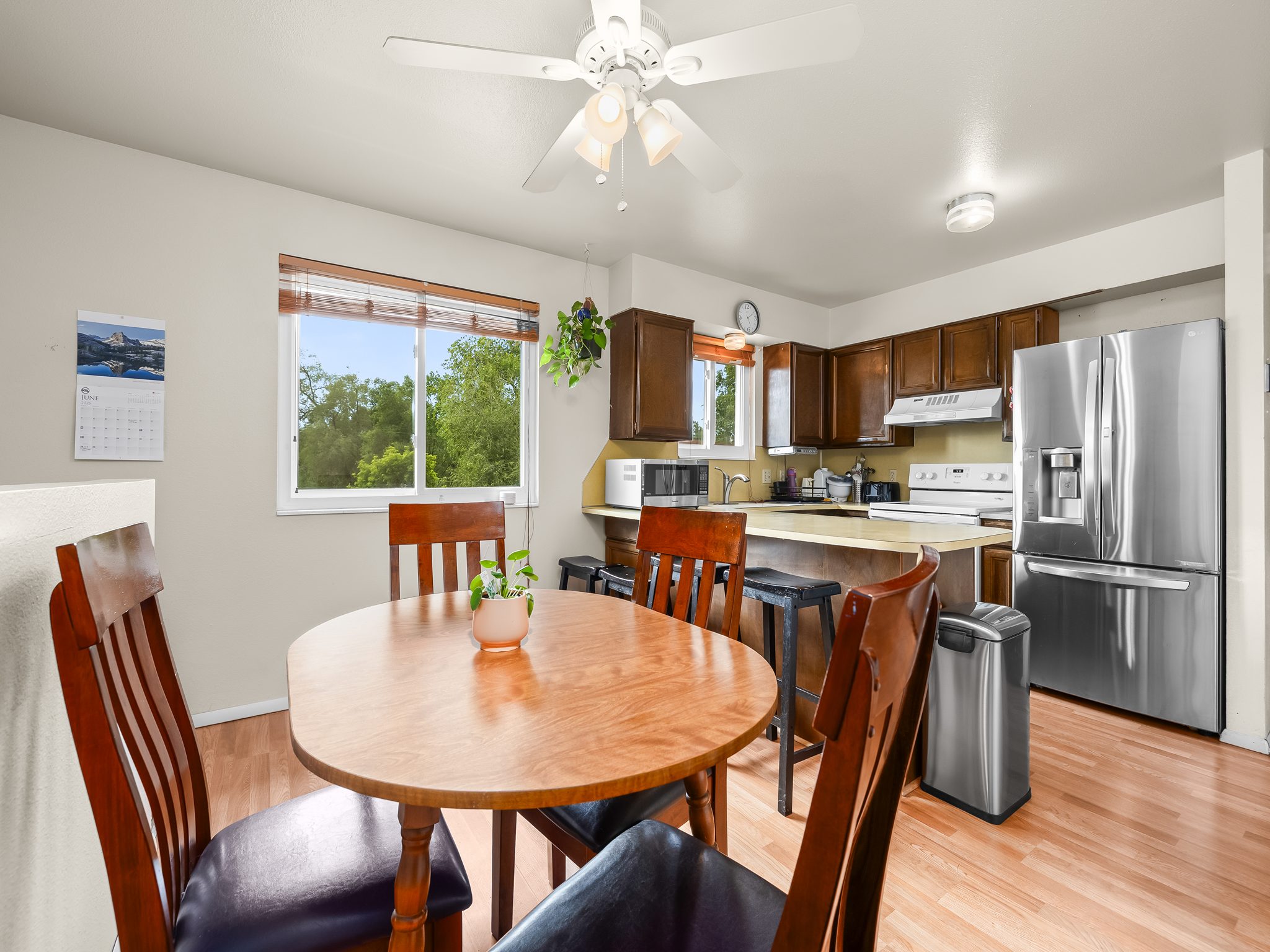 Open-concept kitchen and dining area featuring wood-finish flooring, a ceiling fan, and ample natural light