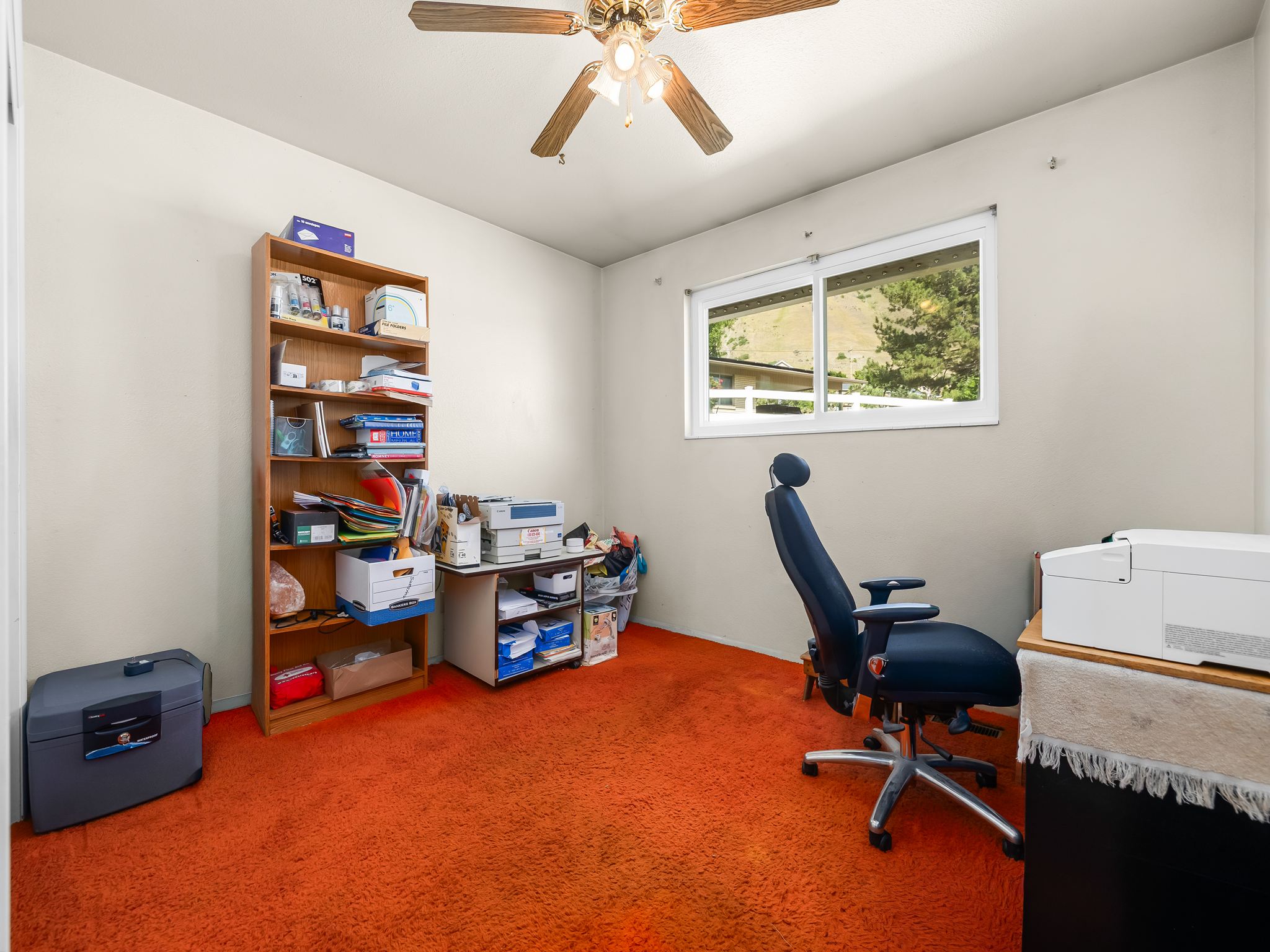 Room with neutral wall paint and vibrant orange carpeting