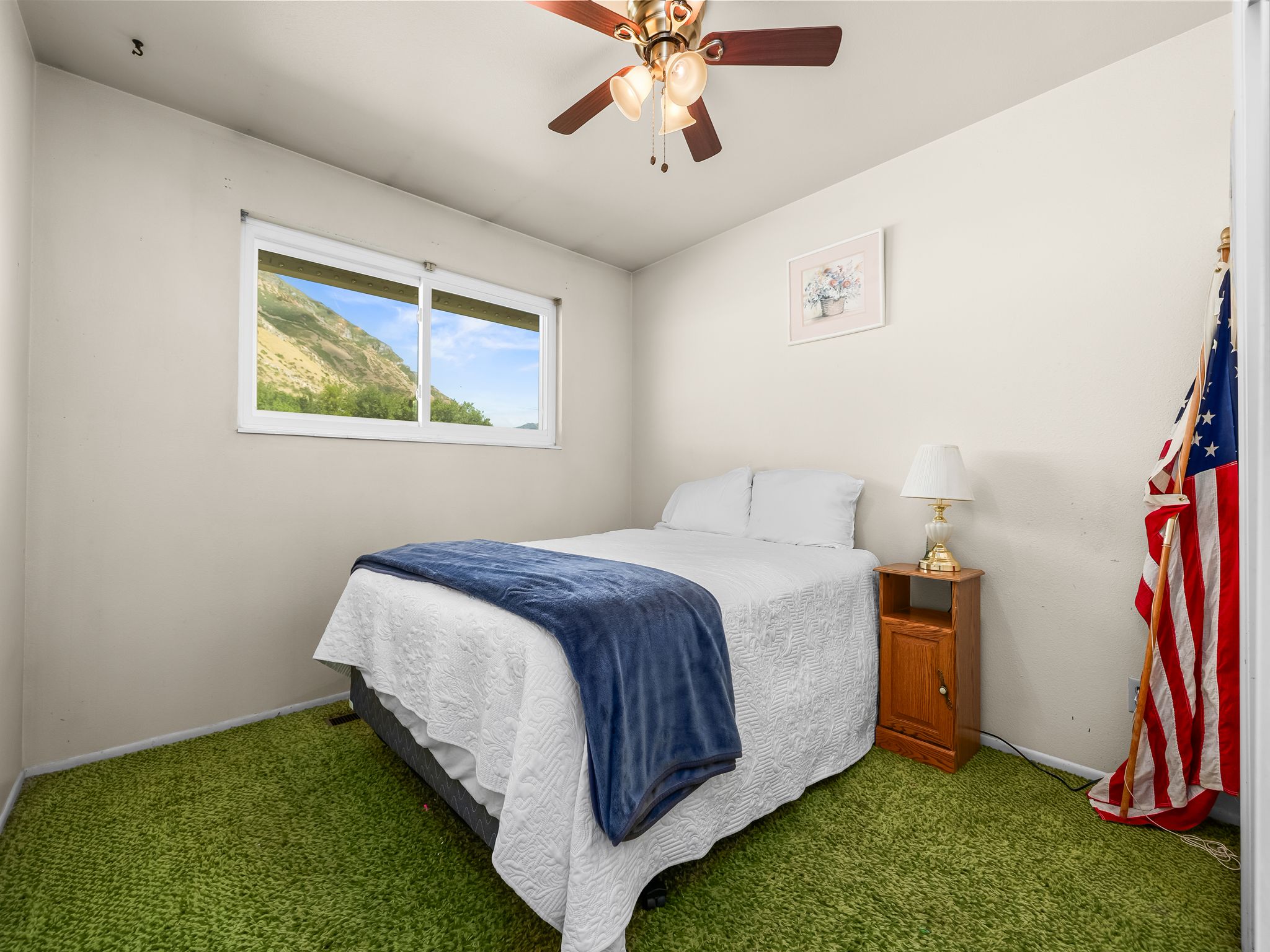 Bright room featuring wall-to-wall green carpeting and a sliding window with a mountain backdrop