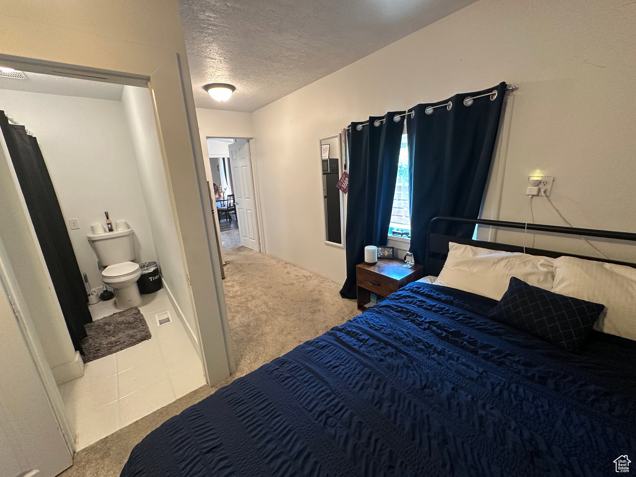 Carpeted bedroom area with a window featuring dark curtains, an overhead flush-mount light fixture, and a doorway opening to a bathroom with white floor tiles and a toilet