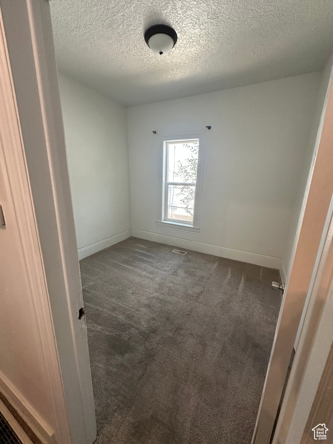 Neutral tone room featuring a single window, overhead flush mount lighting, and gray carpet flooring