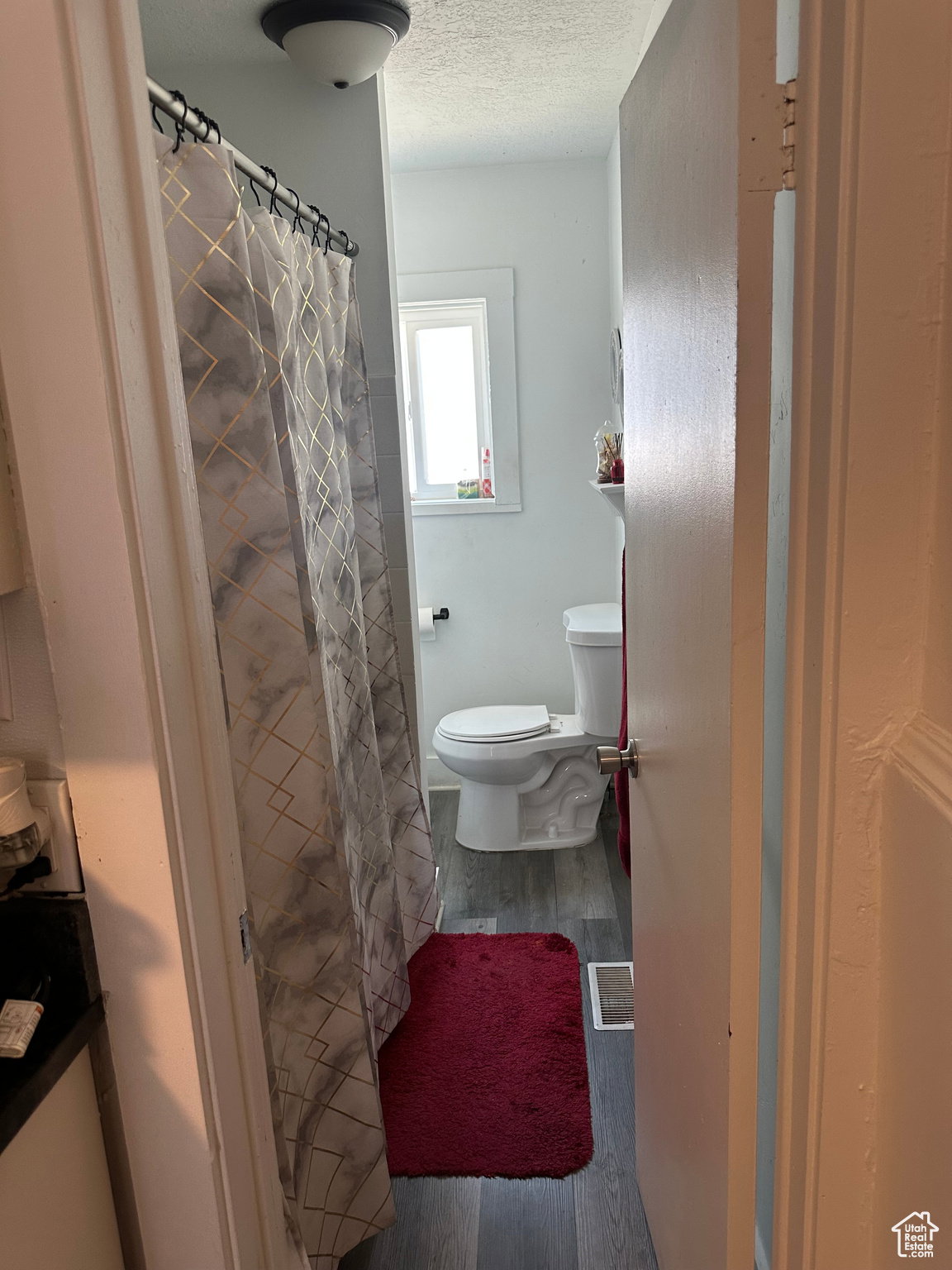 Bathroom featuring a toilet, window, and wood-finish flooring