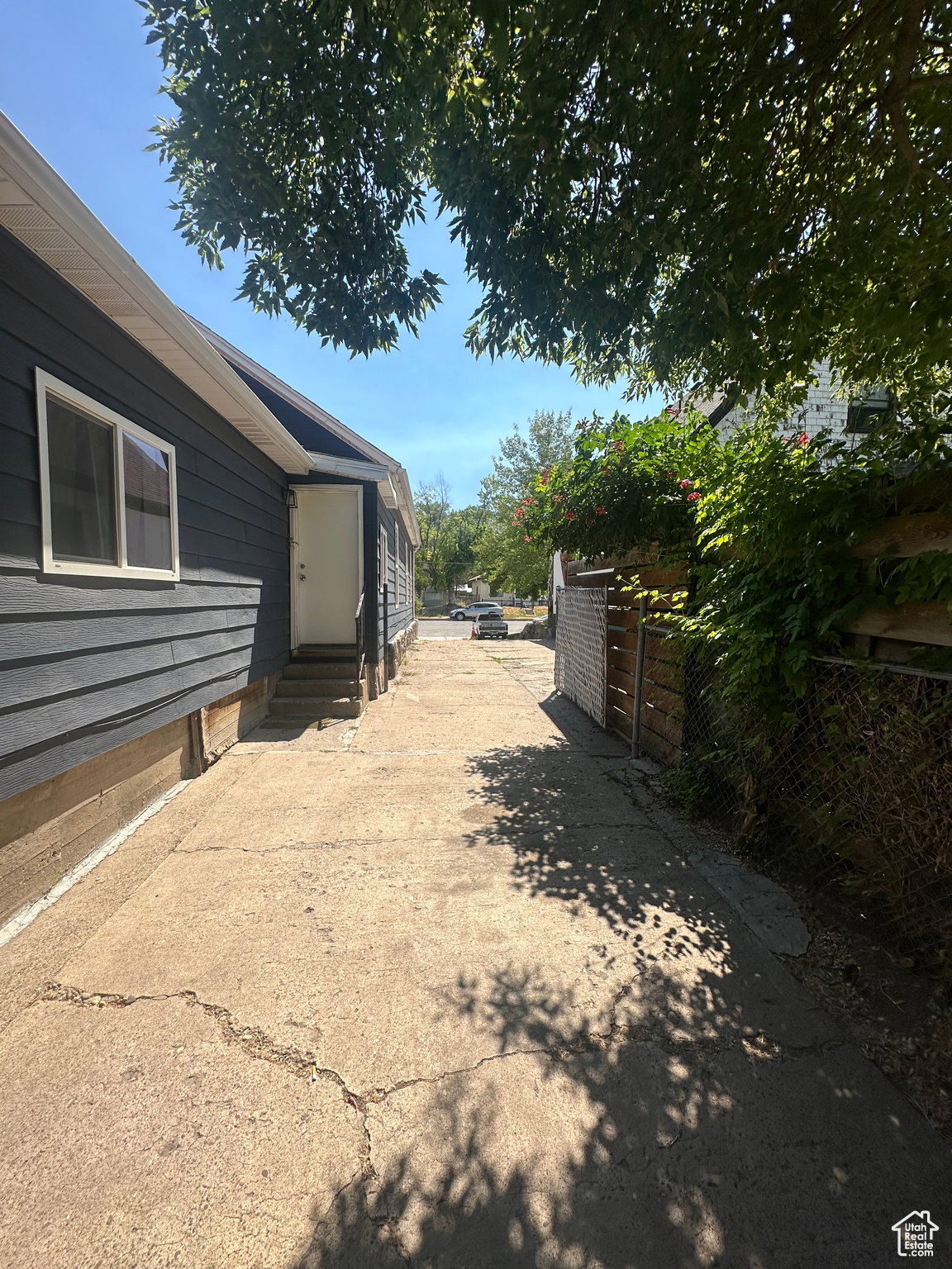 Concrete driveway bordered by a dark gray exterior, white window trim, and a side entry door with steps