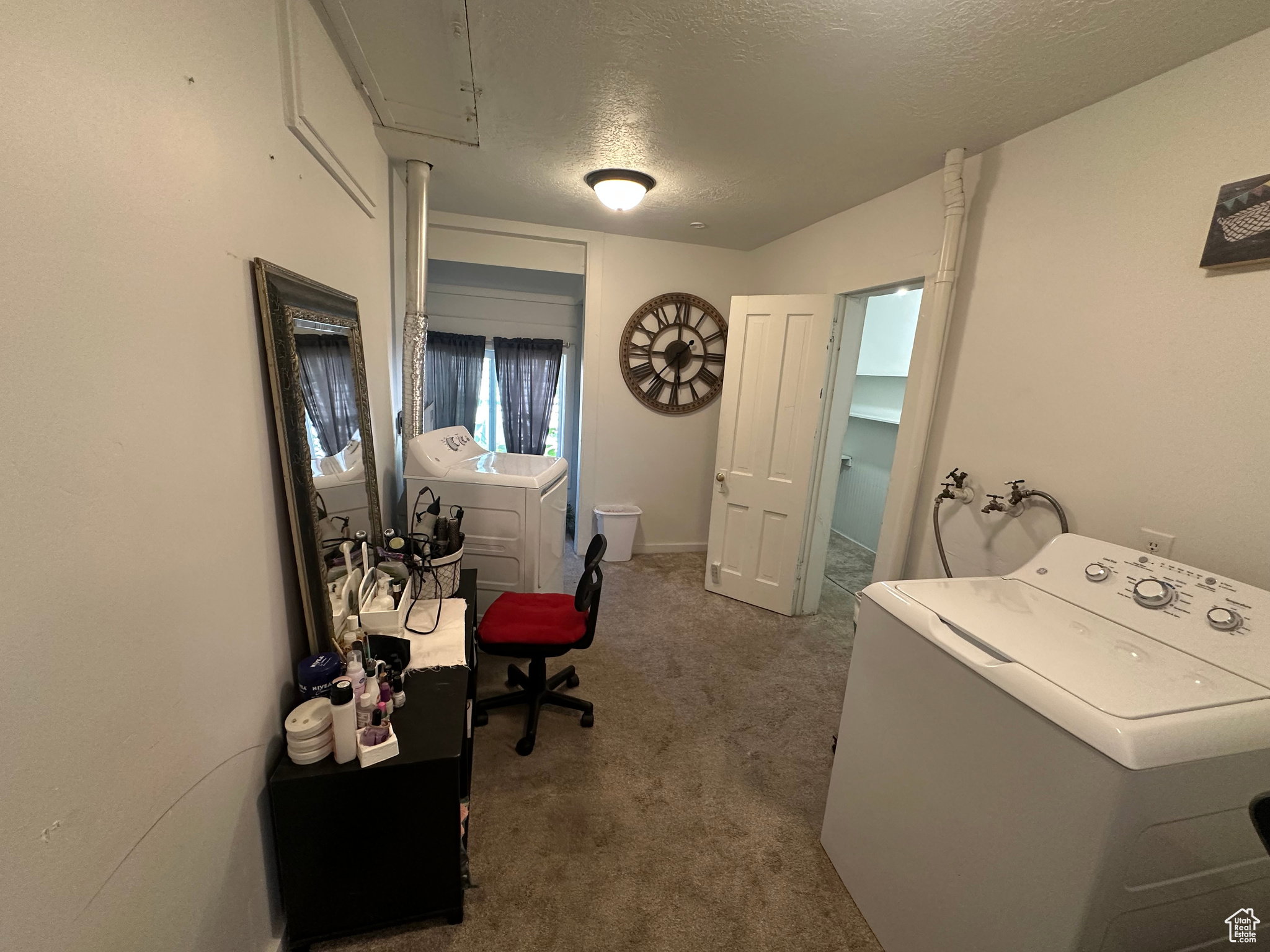 Laundry area featuring white walls, carpeting, and a built-in storage closet
