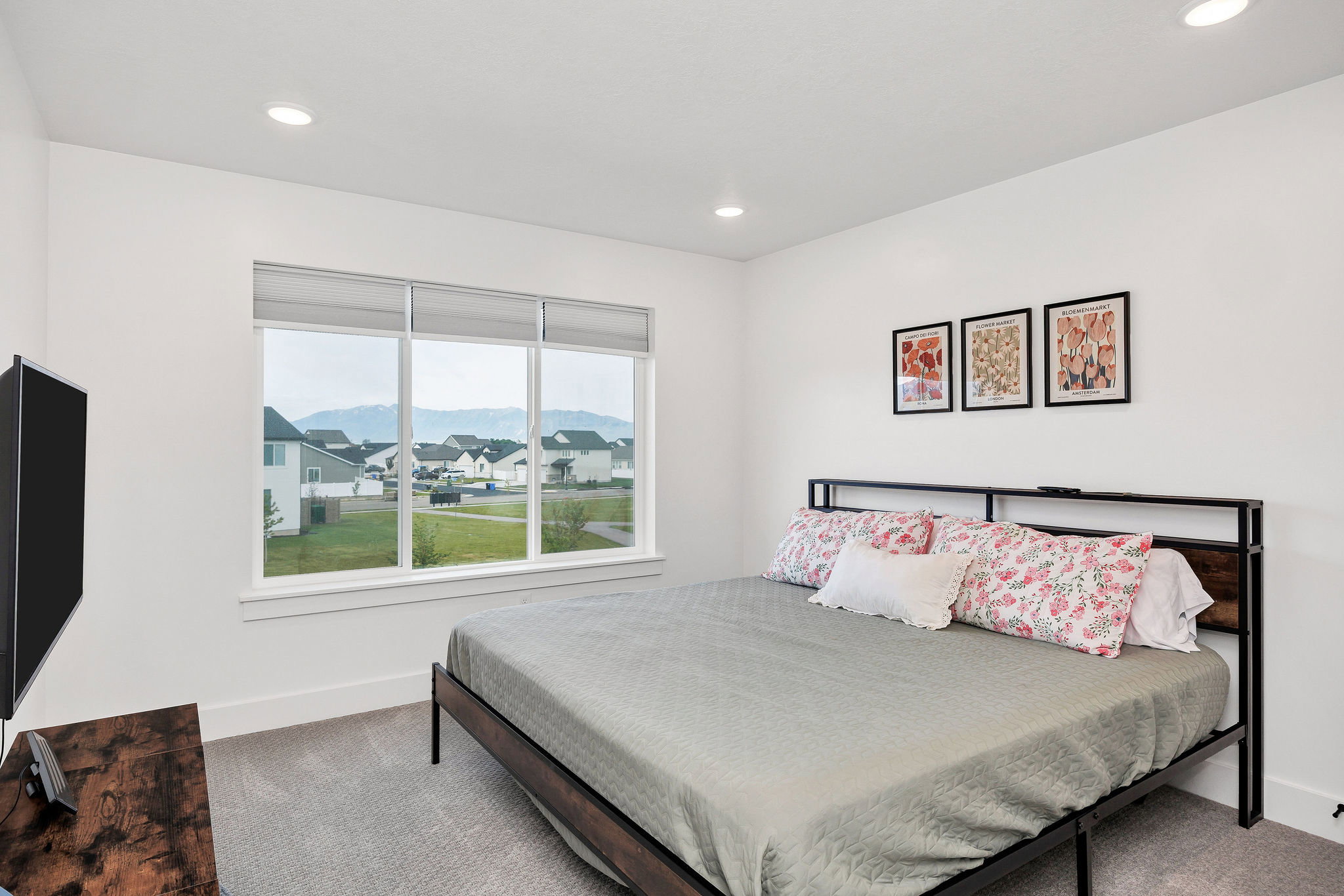 Bedroom featuring a large multi-pane window, recessed lighting, white walls, and gray carpeting