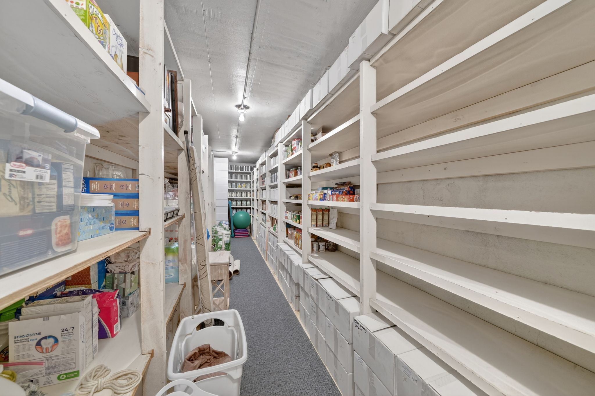 Dedicated storage room featuring extensive built-in shelving, durable carpeting, recessed lighting, and a concrete ceiling