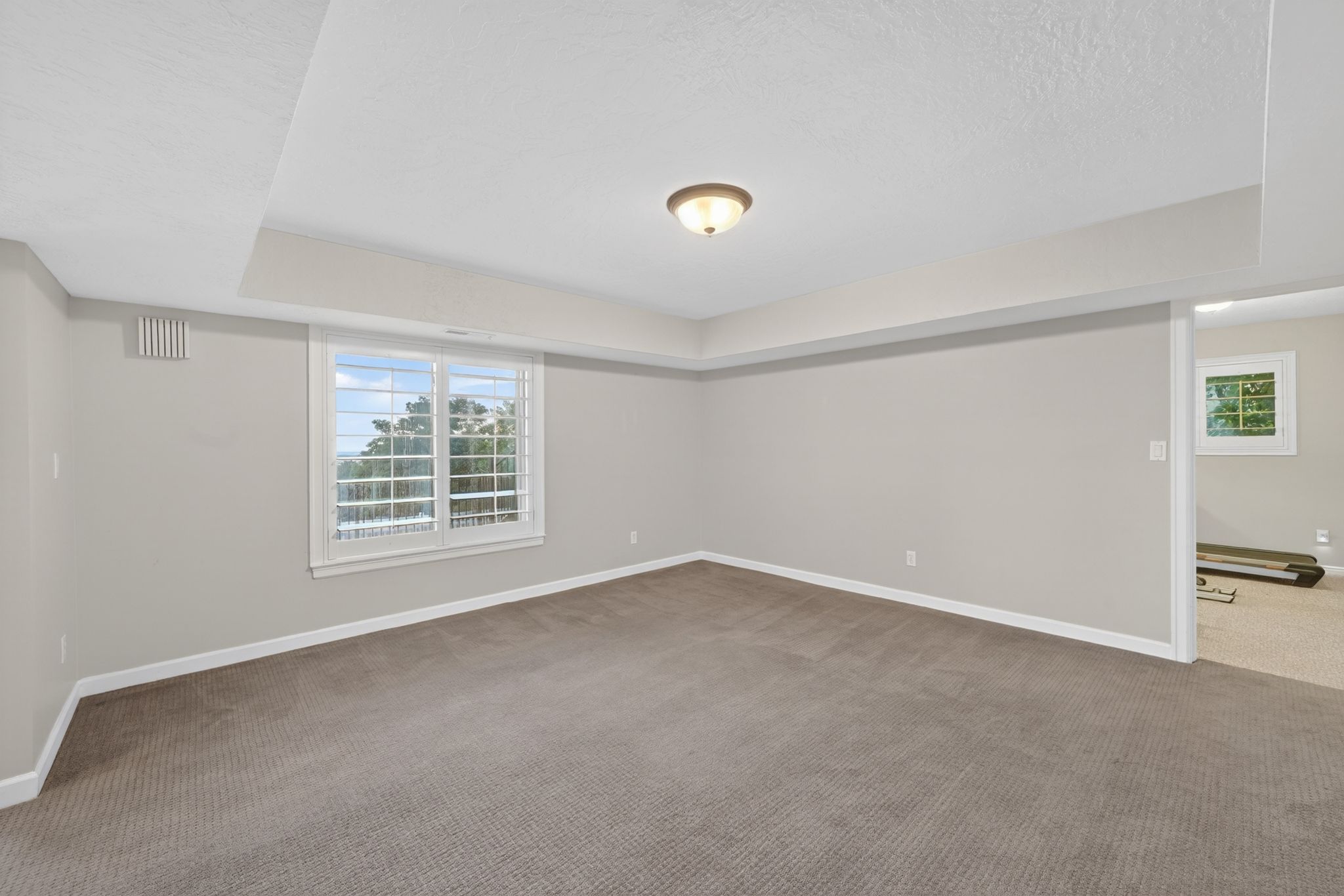 Spacious room featuring neutral carpeting, light gray walls, a large window with white muntins and plantation shutters, recessed ceiling detail, and a ceiling-mounted light fixture