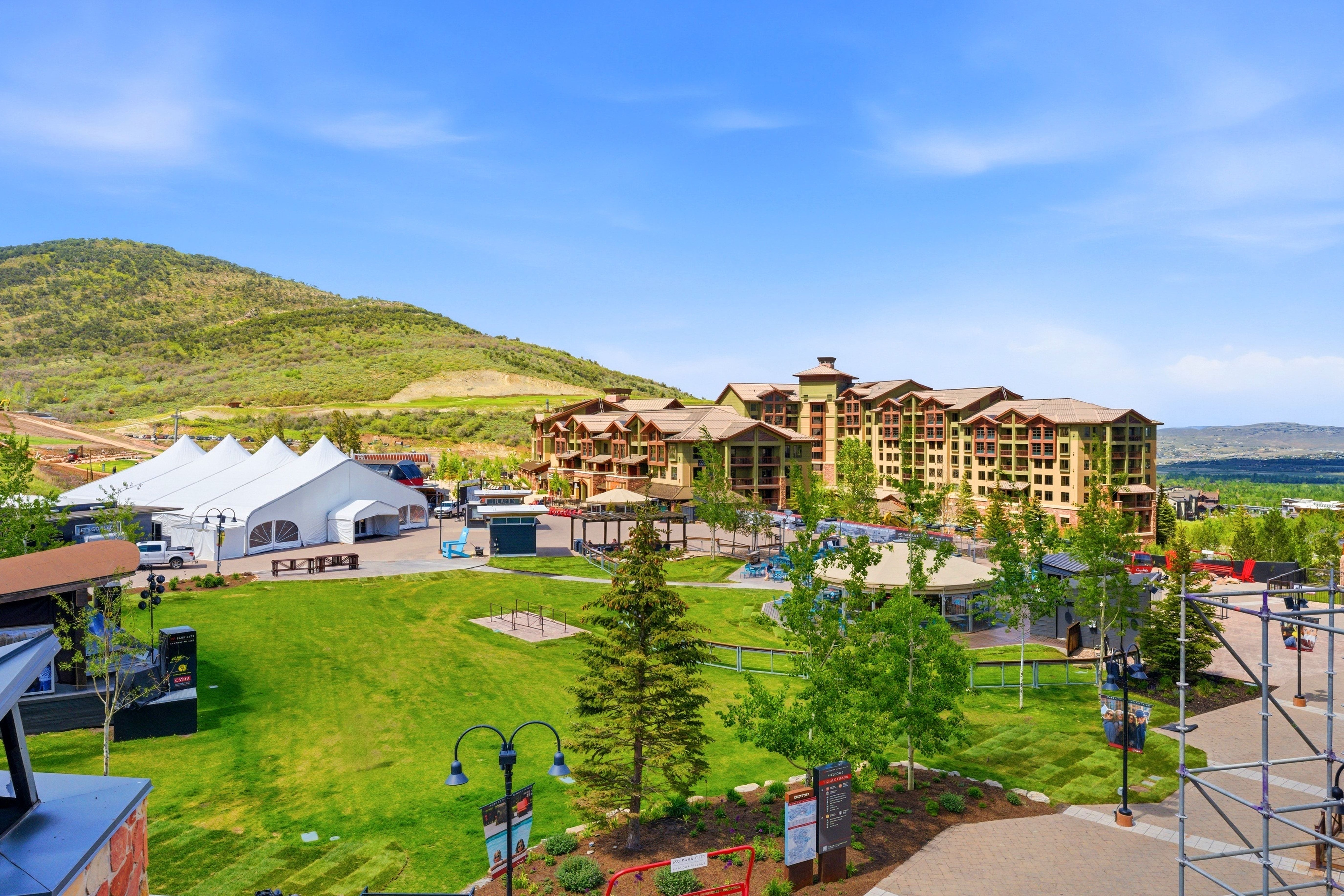 Expansive green space featuring mature trees and mountain scenery