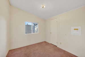 Room with a window, single door, and brown carpet flooring