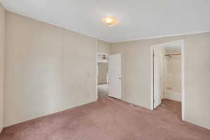 Carpeted room featuring light-colored panel walls and a ceiling-mounted light fixture