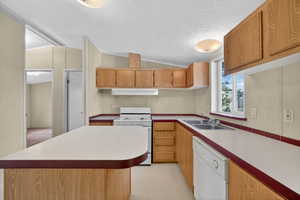 Kitchen featuring wood cabinetry, white countertops with red trim, a double basin sink, and a white dishwasher