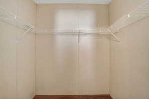Closet featuring white wire shelving, hanging rods, light-toned wall panels, and carpet flooring