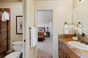 Bathroom with a vanity featuring a built-in sink and a stone countertop