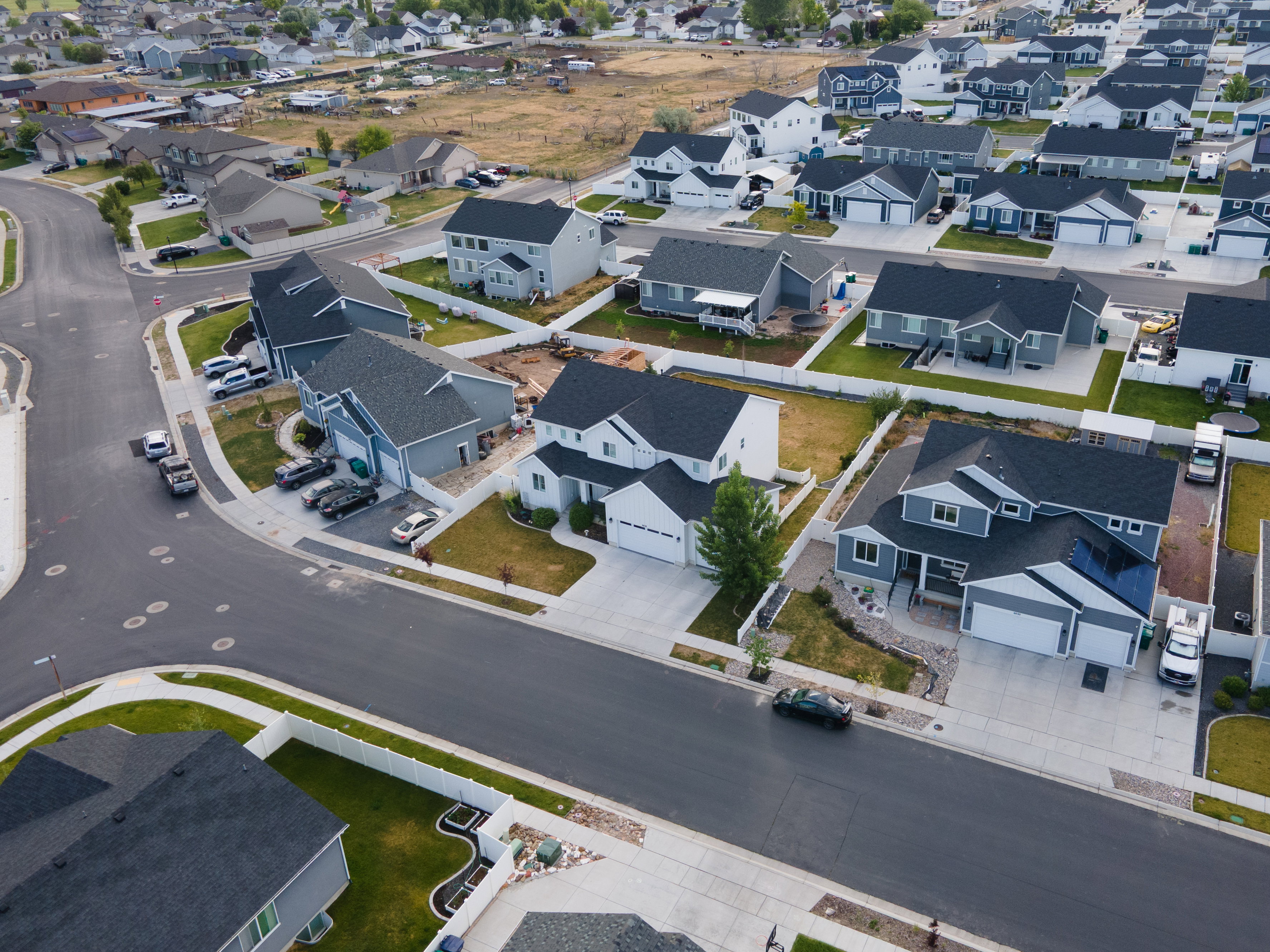 Aerial perspective showcasing a residential neighborhood with varied architectural styles