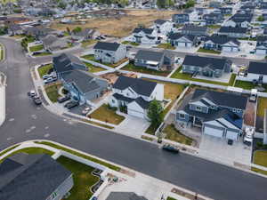 Aerial perspective showcasing a residential neighborhood with varied architectural styles