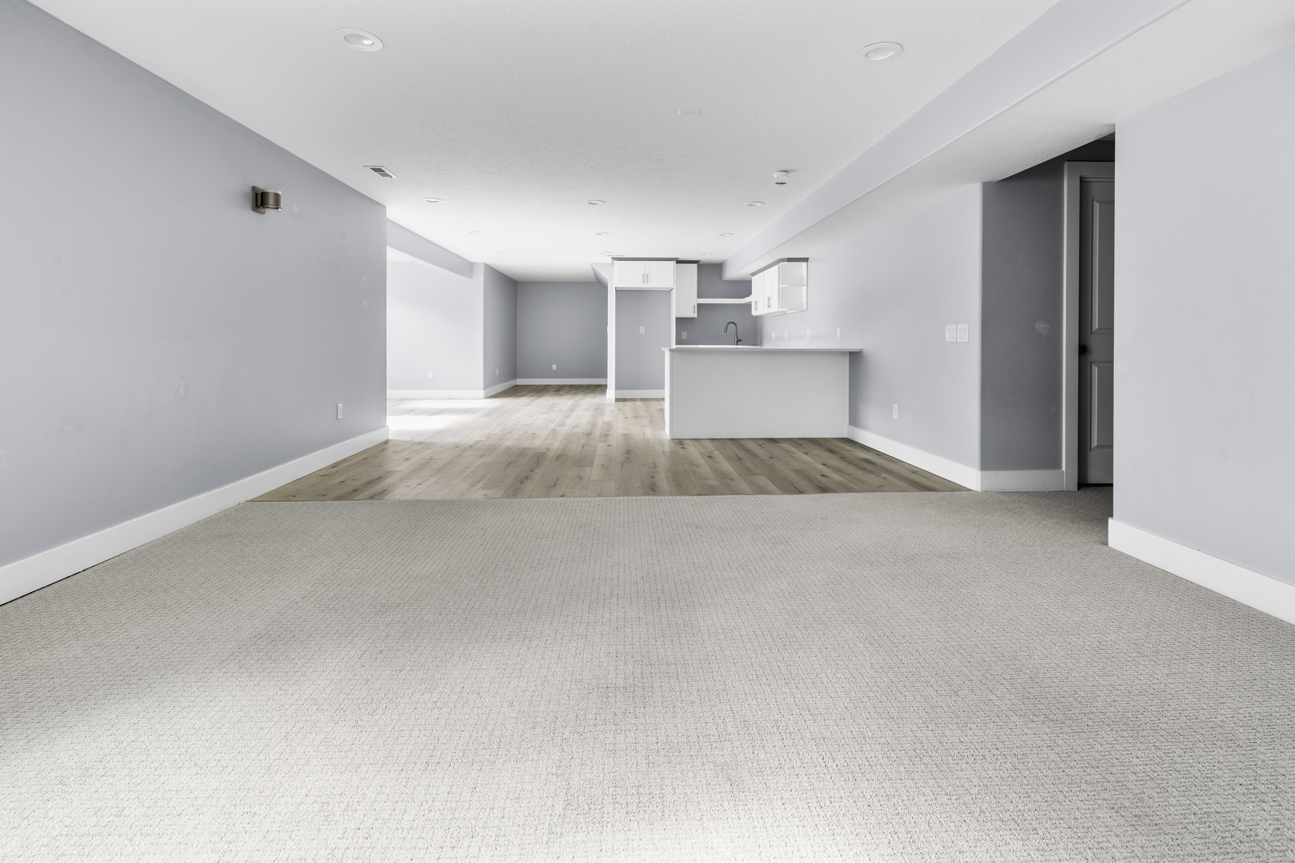Open lower-level living space featuring light gray carpeting and light wood-finish flooring