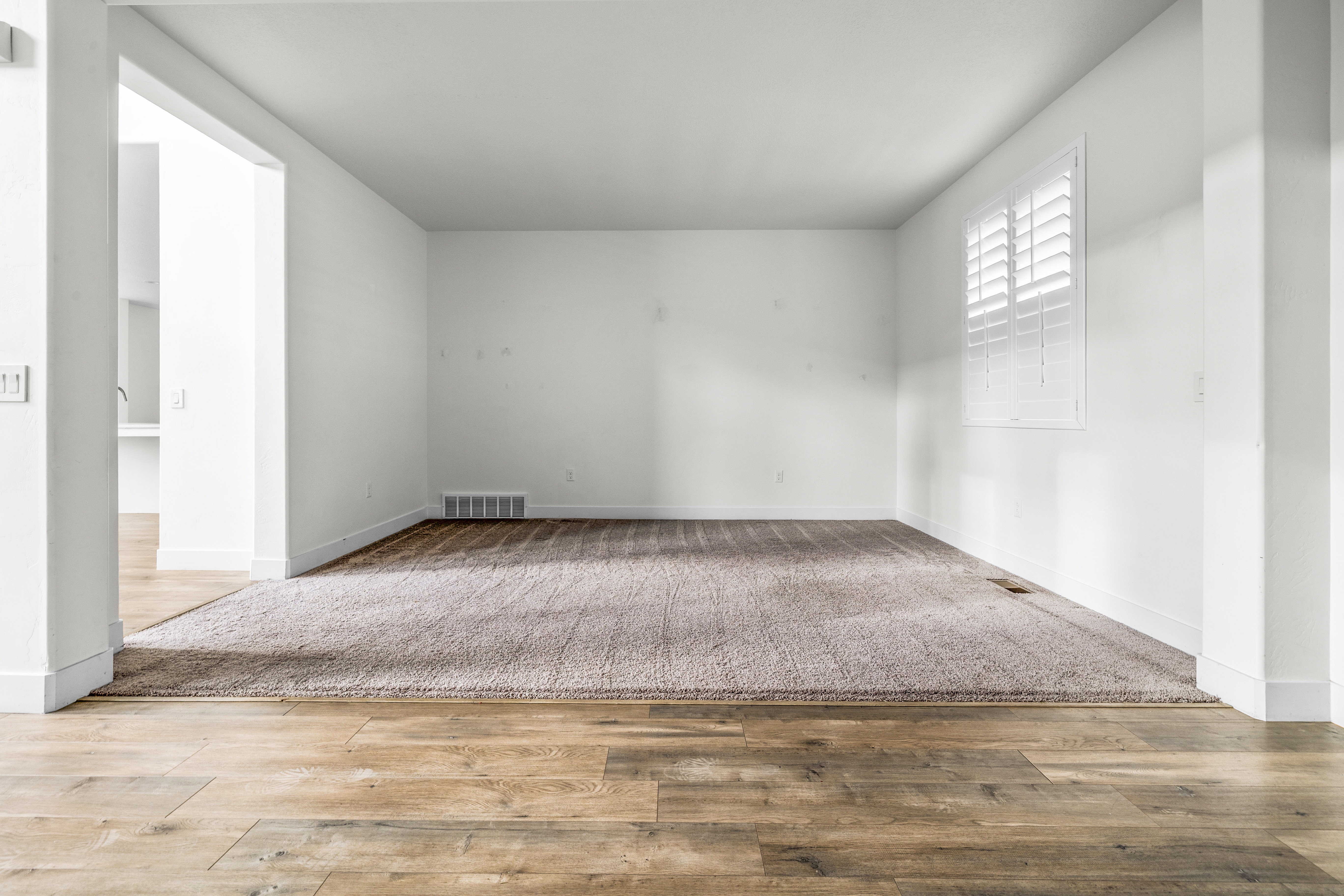 Spacious interior room featuring light-toned carpeting and wood-finish flooring