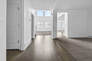 Entryway featuring wood-finish flooring transitioning to carpet, white trim, and a paneled door