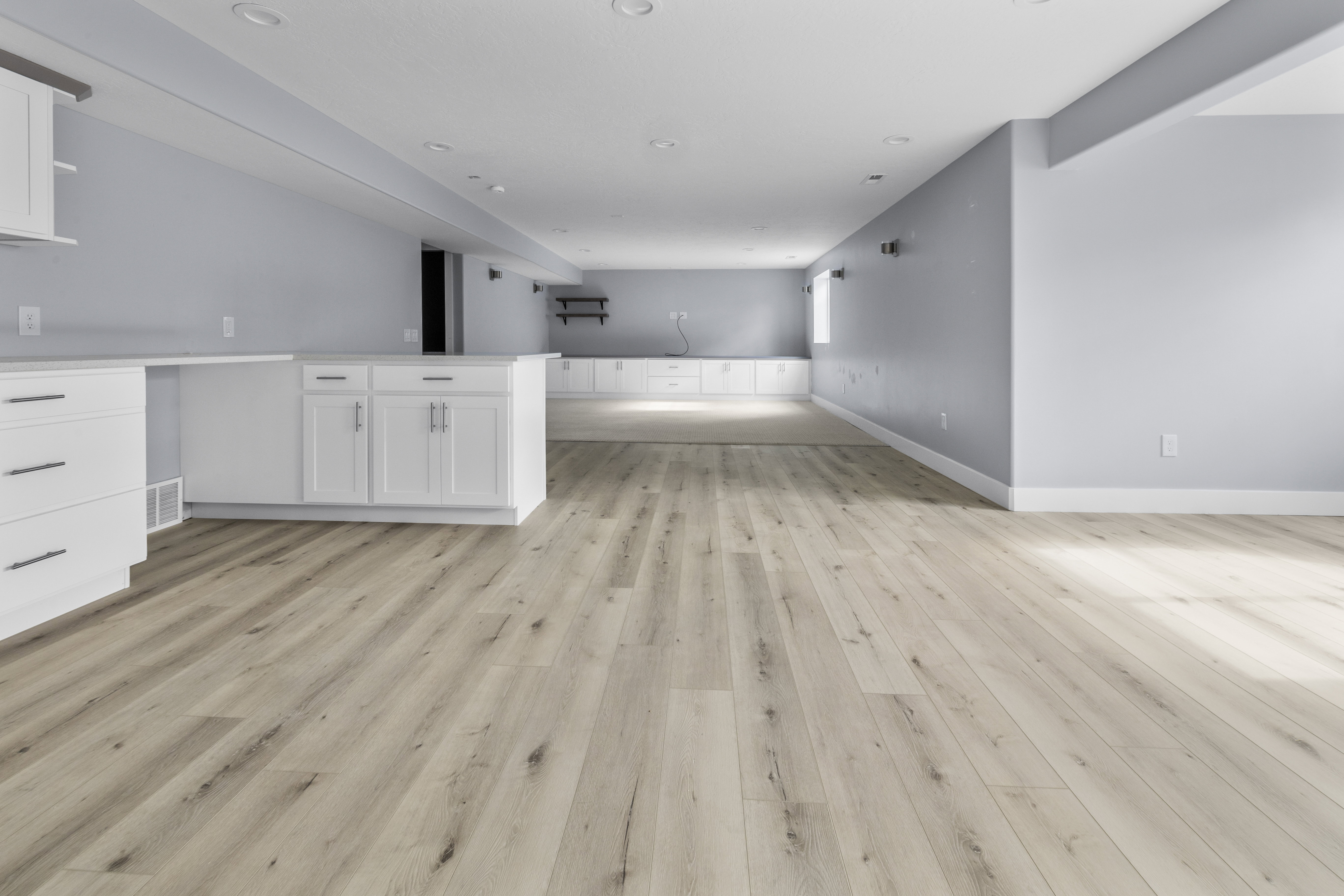 Spacious basement featuring a kitchen and family room with wood-finish flooring, light gray walls, recessed lighting, and white baseboards
