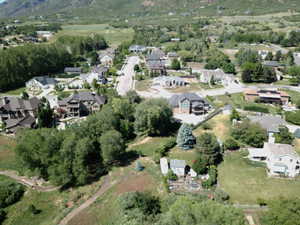 Elevated aerial perspective showcasing a residential neighborhood with varied architectural styles