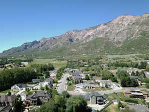 Aerial perspective showcasing a residential area set against a mountainous backdrop