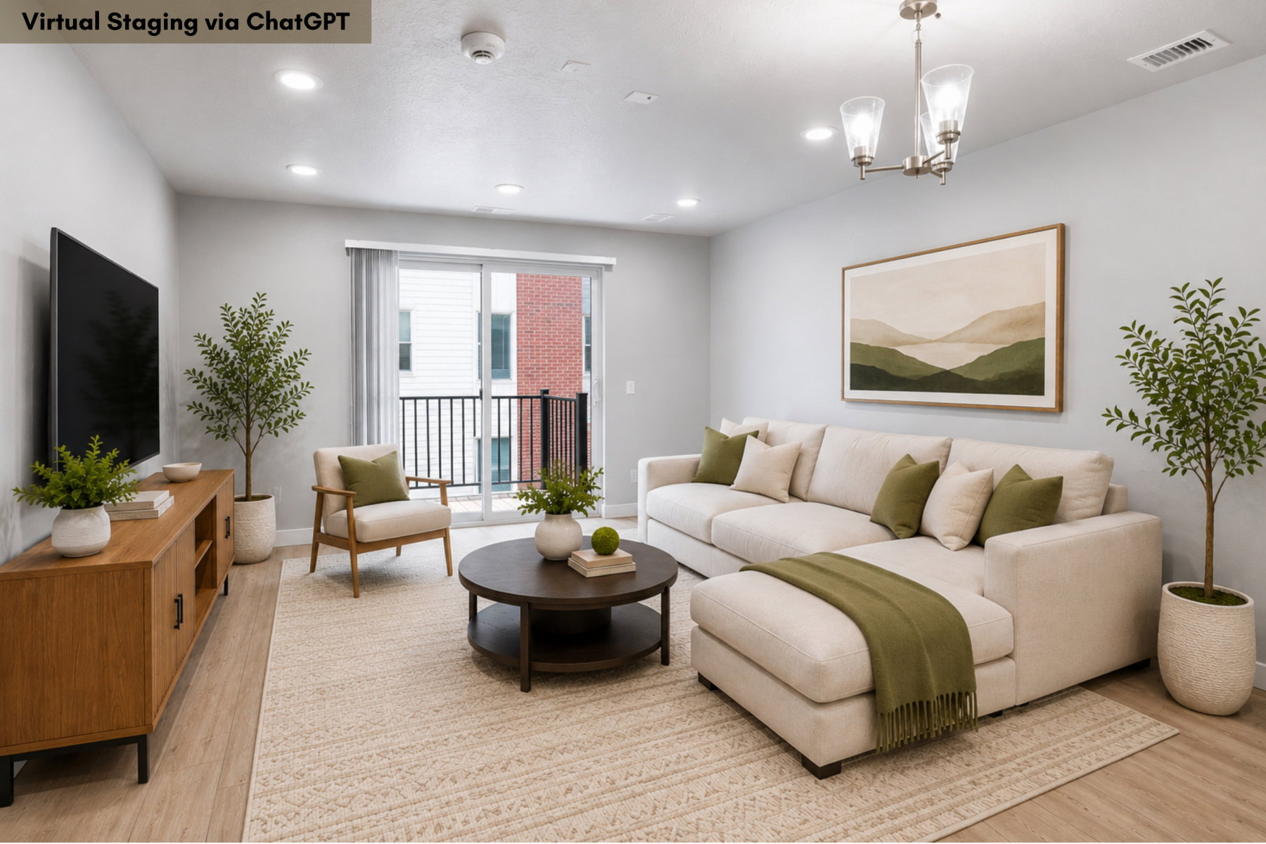 Spacious living area featuring wood-finish flooring, recessed lighting, and a sliding glass door leading to an exterior balcony with black metal railings