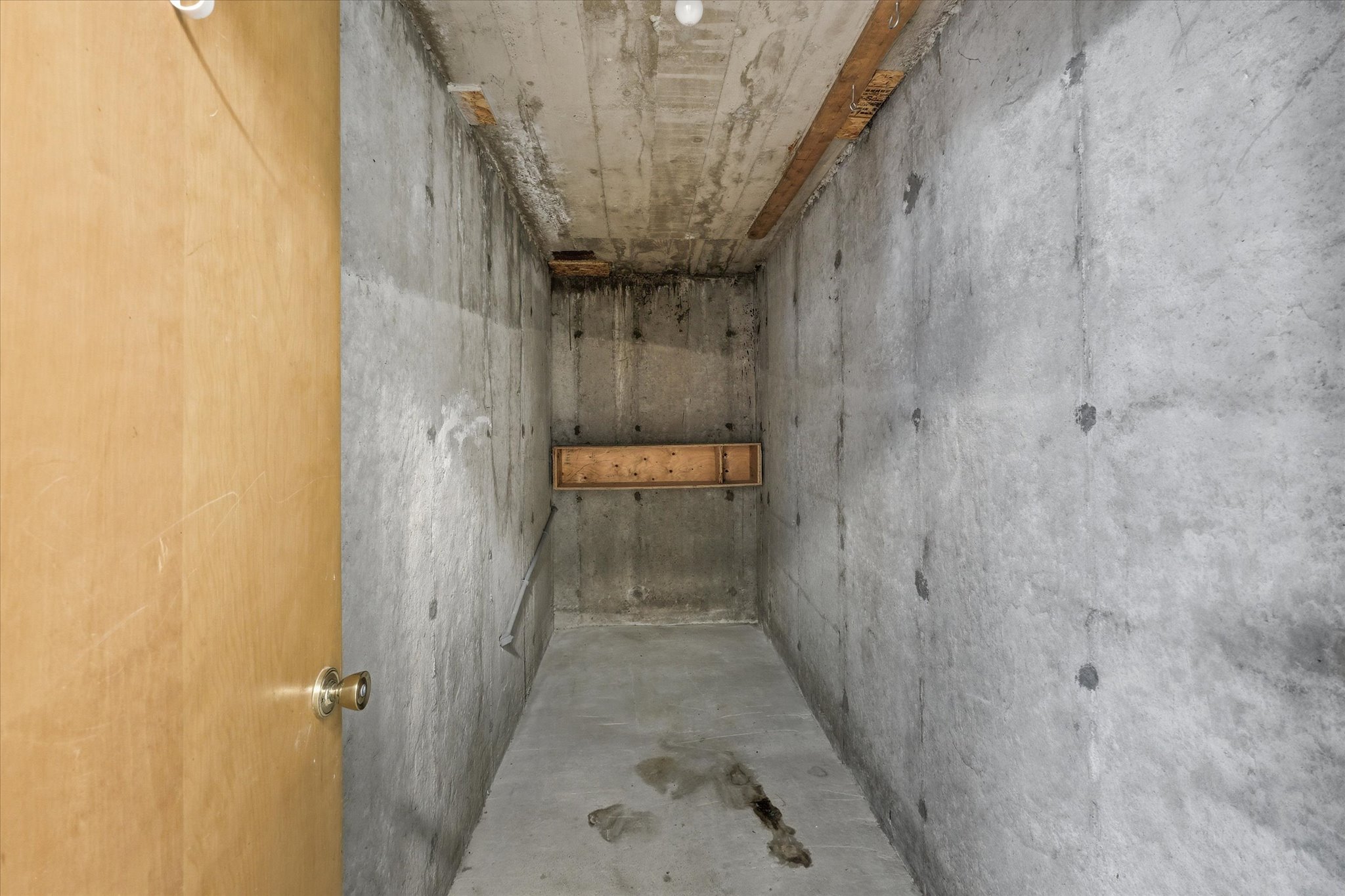 Concrete utility room with a solid-core door and brass hardware