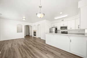 Open-concept living area featuring wood-finish flooring, a contemporary fireplace with a light-toned surround, a kitchen island with seating capacity, white cabinetry, and stainless steel appliances