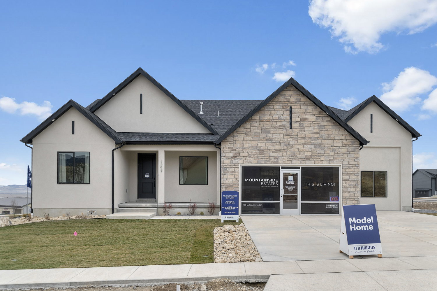 Modern stucco and stone-veneer exterior with a black asphalt shingle roof