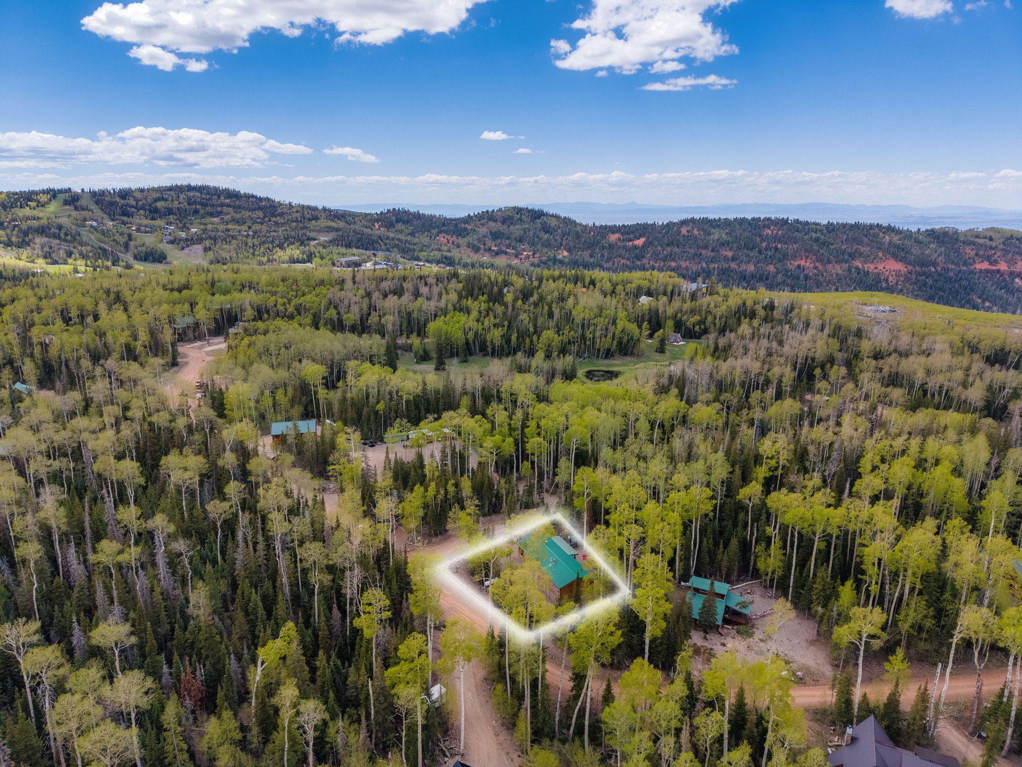 Cabin-style residence nestled among mature deciduous and evergreen trees, featuring a green metal roof