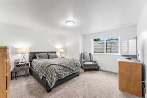 Carpeted room featuring white walls, a recessed window, and a flush-mount ceiling light fixture