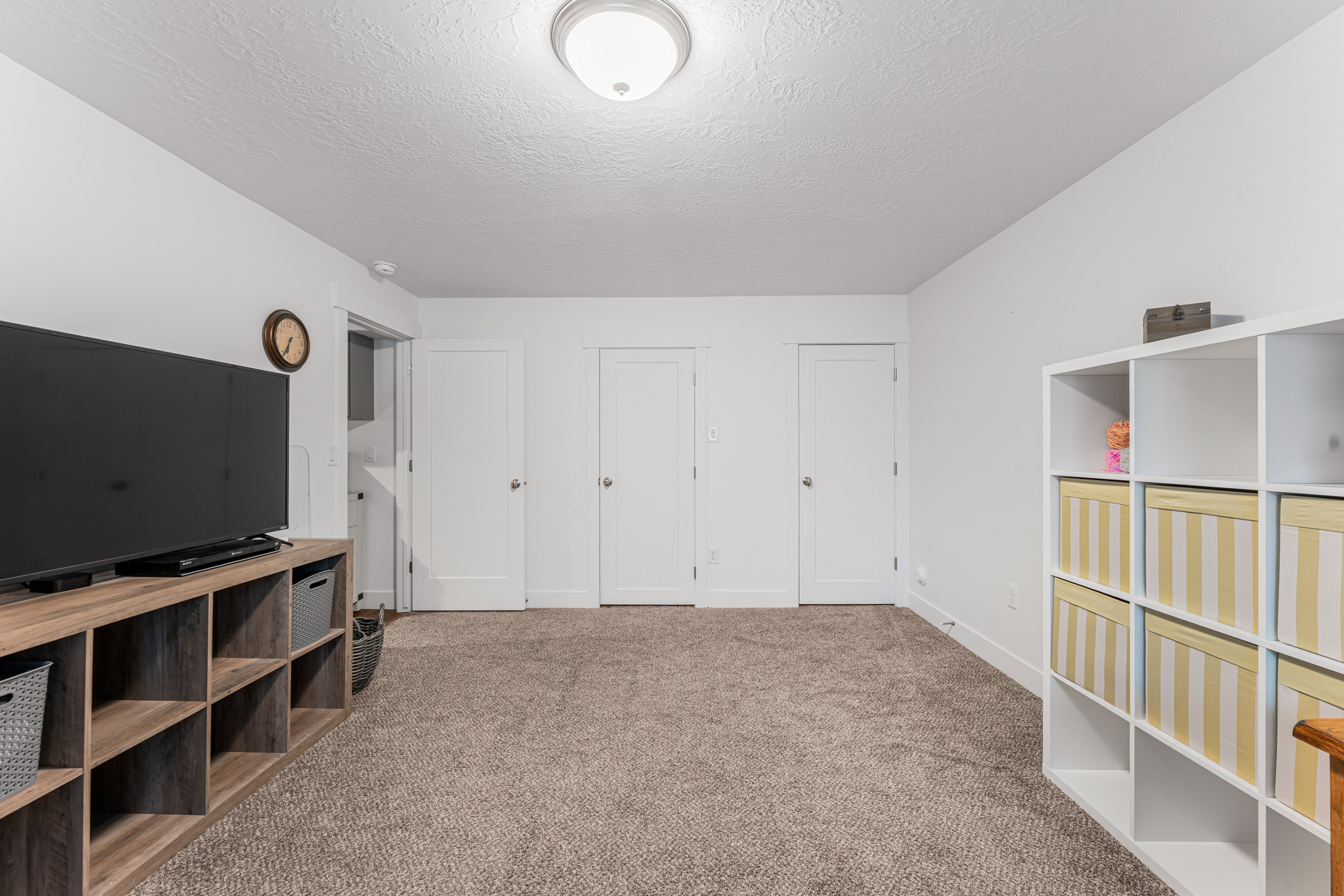 Spacious room featuring neutral carpet flooring, white walls, multiple white panel doors, and a flush-mount ceiling light fixture