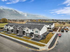 Contemporary townhome architecture featuring varied facade materials, dark shingle roofs, and individual front entries