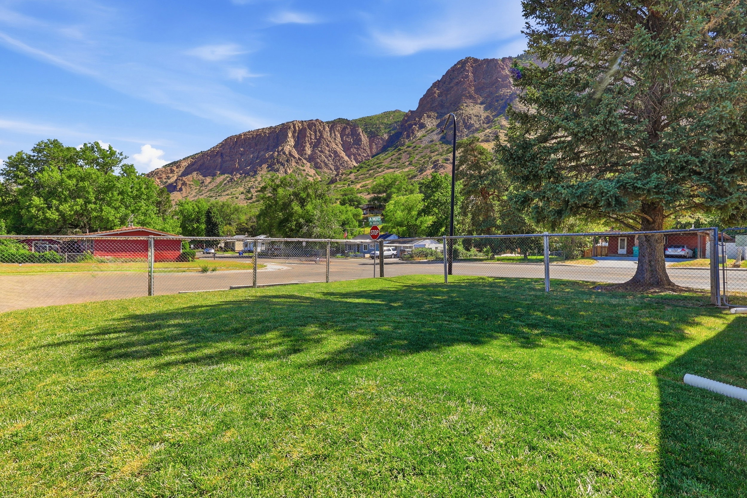 Expansive green lawn with mature landscaping and chain-link fencing