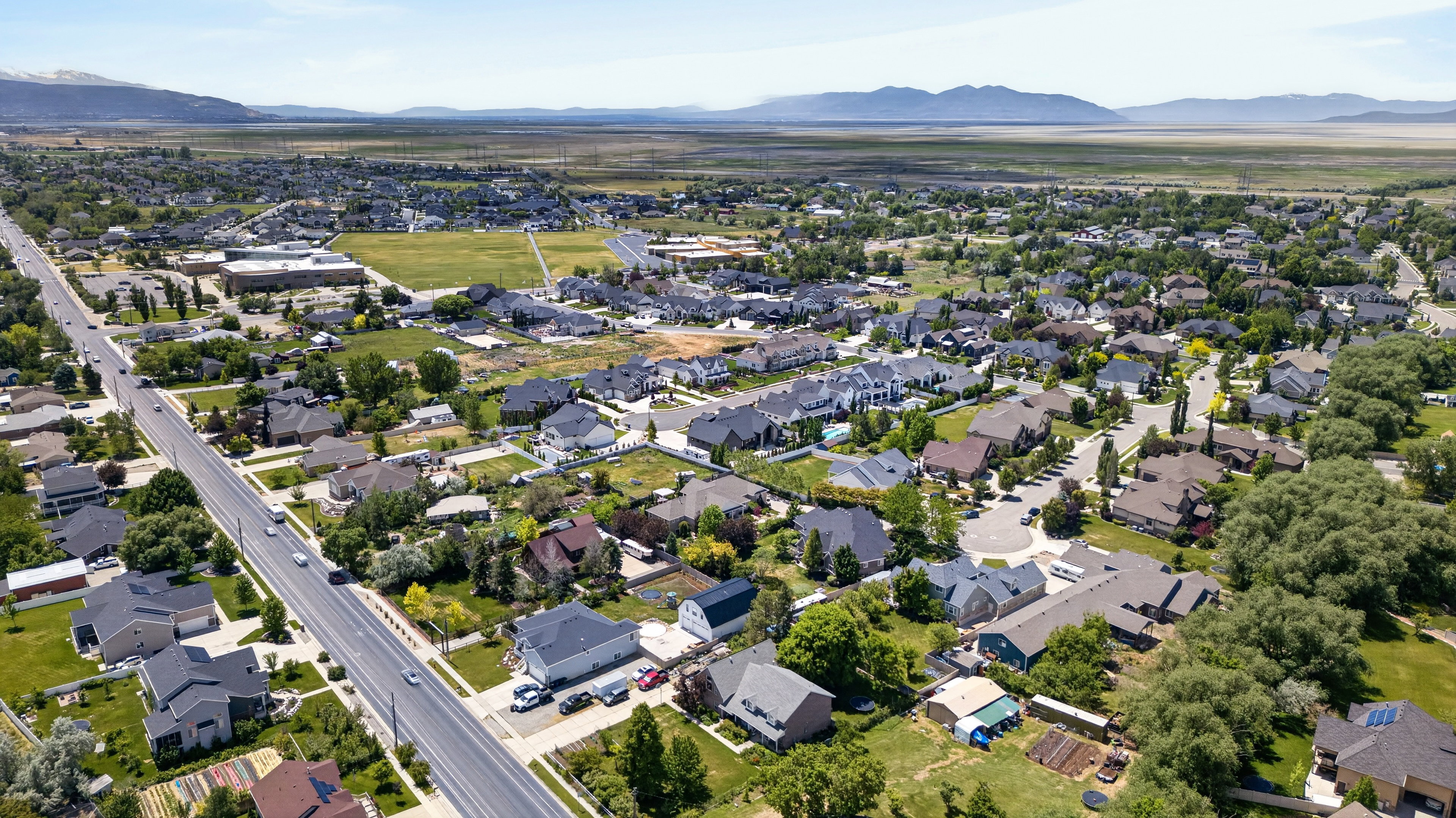 Expansive residential area featuring diverse housing styles and mature landscaping