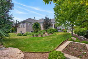 Expansive rear lawn with mature trees and established landscaping