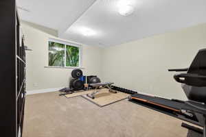 Carpeted room featuring a white-trimmed window, light-colored walls, recessed ceiling lighting, and a built-in shelving unit