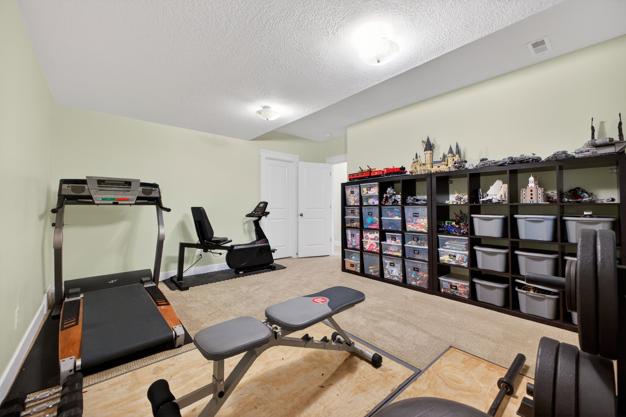 Spacious flexible room with neutral carpeting, light green walls, and white trim