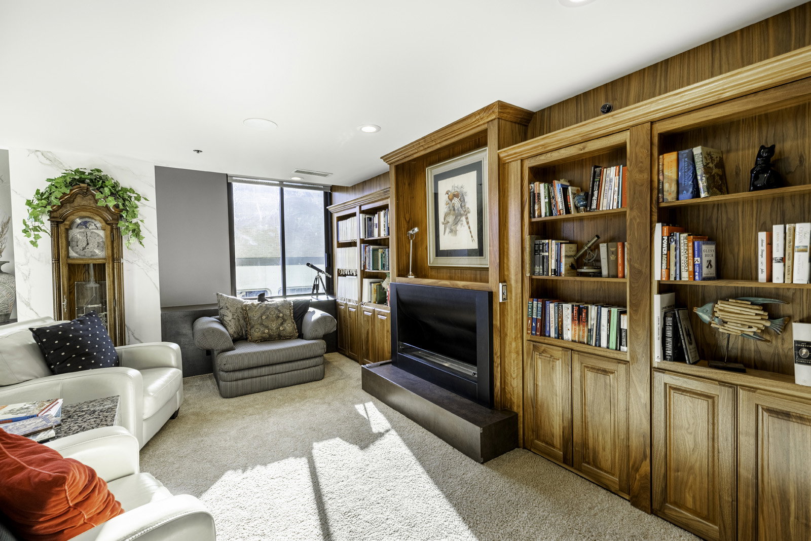 Living area featuring extensive built-in wood cabinetry, integrated shelving, and a modern fireplace