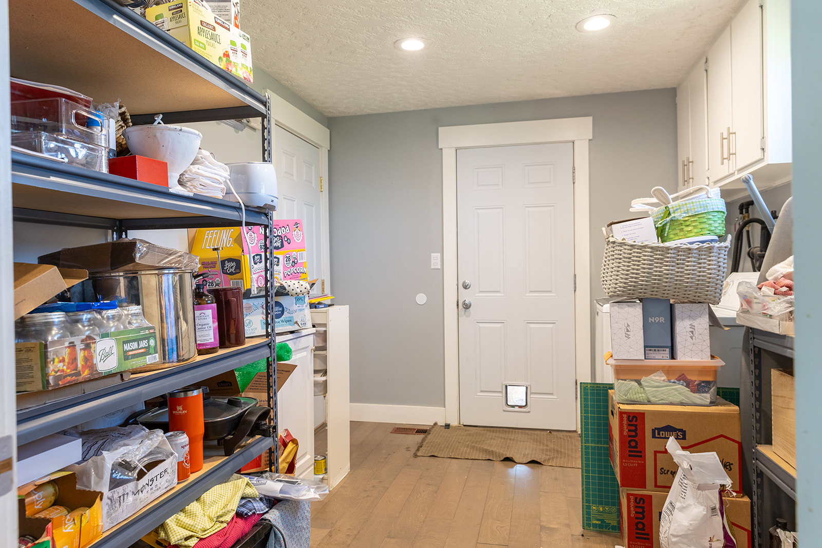 Utility space featuring wood-finish flooring, white paneled door with pet access, recessed lighting, and built-in upper cabinetry