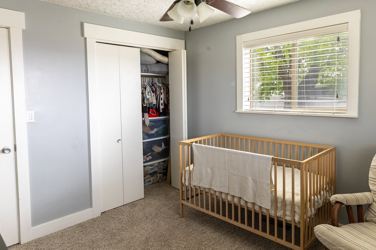 Neutral gray wall paint with white trim, brown ceiling fan with light kit, and carpeted flooring