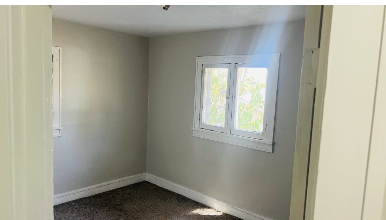 Bright interior space featuring light-toned walls, two distinct window frames, and carpeting