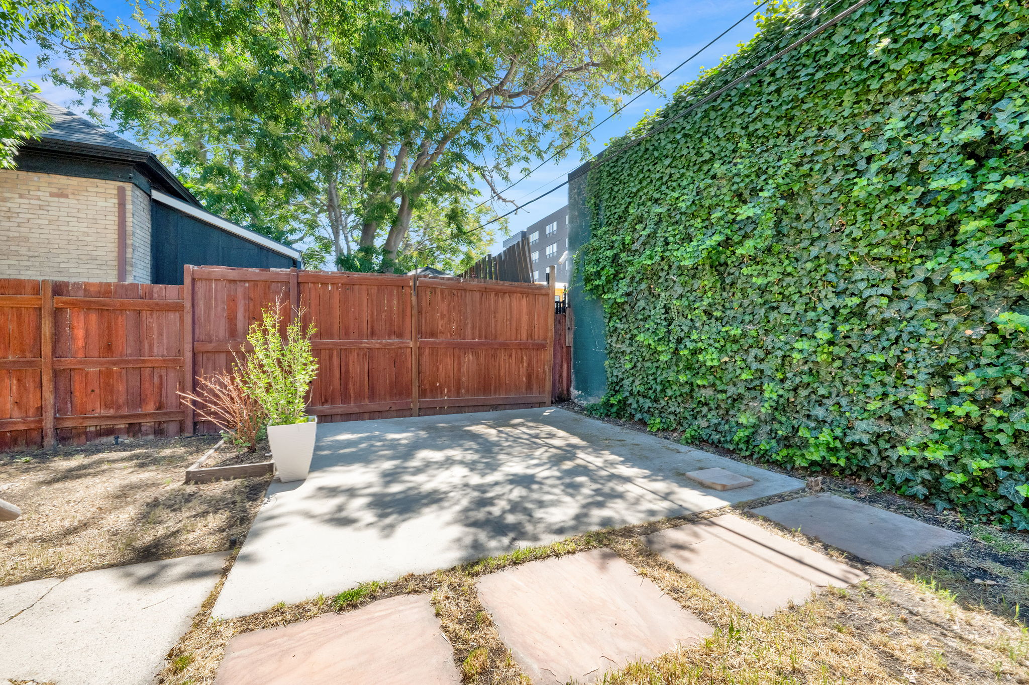Paved outdoor area featuring a tall, ivy-covered privacy wall and a wood-tone fence with a double gate