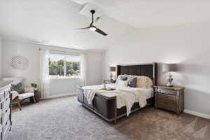 Spacious room featuring vaulted ceilings, a large window, and light-toned carpeting