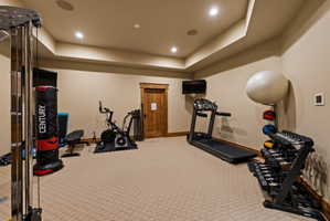 Dedicated fitness room featuring recessed lighting, tray ceiling details, textured carpet flooring, and a solid wood door